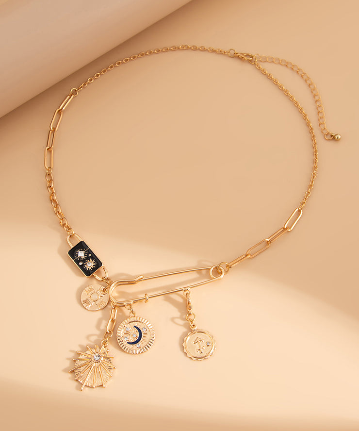 Bohemian Gold Copper Alloy Zircon Pin Asymmetrical Cross Pendant Necklace