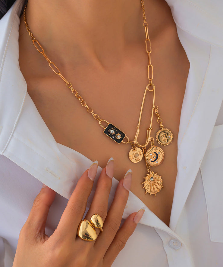 Bohemian Gold Copper Alloy Zircon Pin Asymmetrical Cross Pendant Necklace