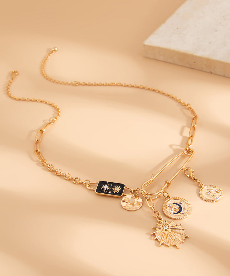 Bohemian Gold Copper Alloy Zircon Pin Asymmetrical Cross Pendant Necklace