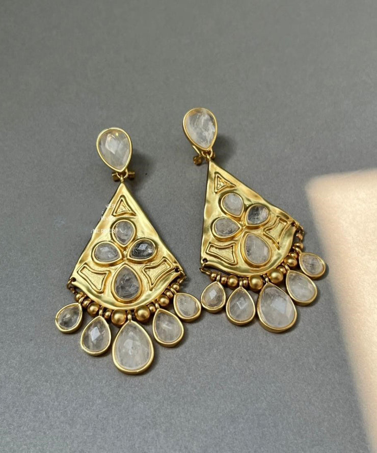 Bohemian Gold Copper Overgild Crystal Fan-Shaped Water Drop Tassel Drop Earrings