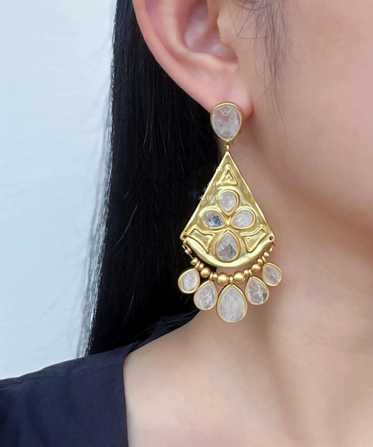 Bohemian Gold Copper Overgild Crystal Fan-Shaped Water Drop Tassel Drop Earrings