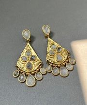 Bohemian Gold Copper Overgild Crystal Fan-Shaped Water Drop Tassel Drop Earrings