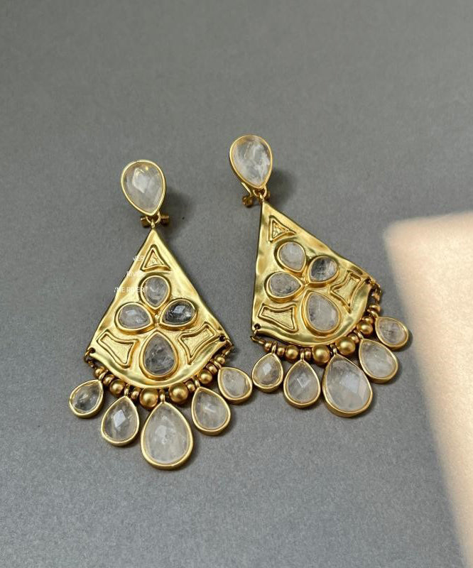 Bohemian Gold Copper Overgild Crystal Fan-Shaped Water Drop Tassel Drop Earrings