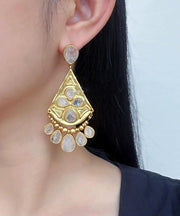 Bohemian Gold Copper Overgild Crystal Fan-Shaped Water Drop Tassel Drop Earrings