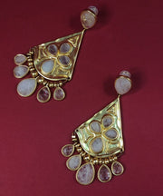 Bohemian Gold Copper Overgild Crystal Fan-Shaped Water Drop Tassel Drop Earrings