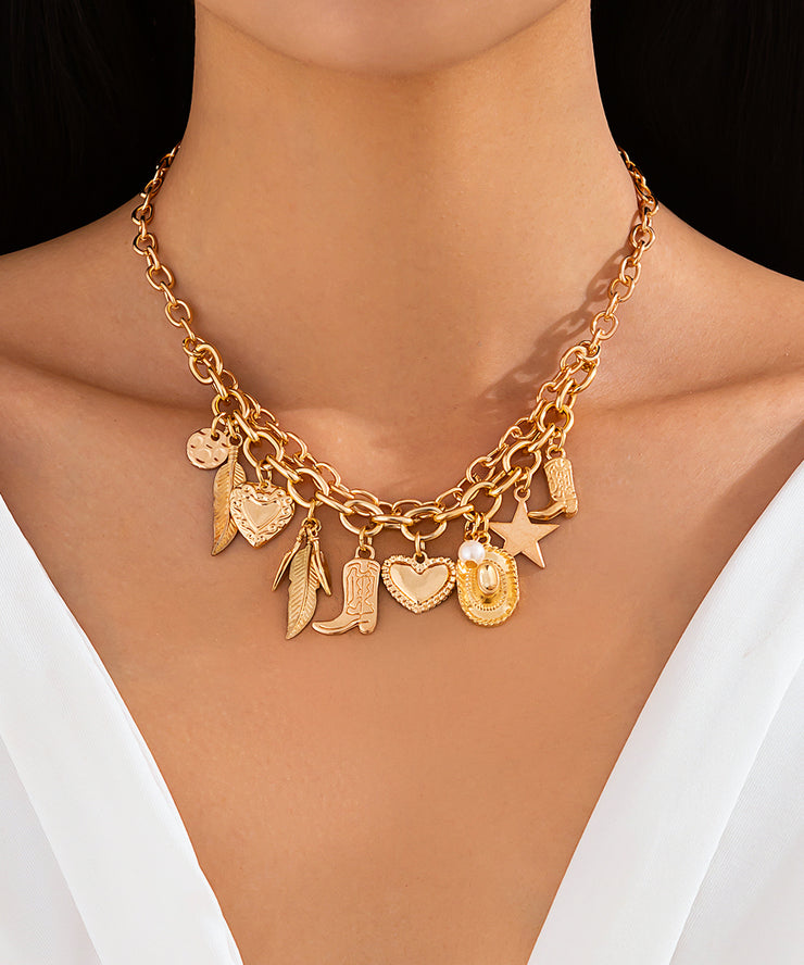 Bohemian Gold Metal Alloy Pearl Asymmetrical Pendant Necklace