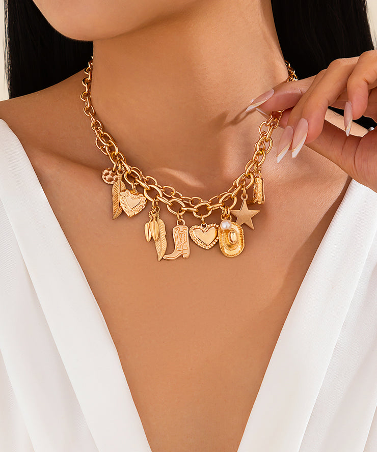 Bohemian Gold Metal Alloy Pearl Asymmetrical Pendant Necklace