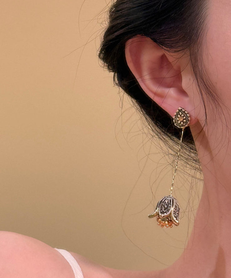 Bohemian Gold Sterling Silver Overgild Floral Tassel Drop Earrings