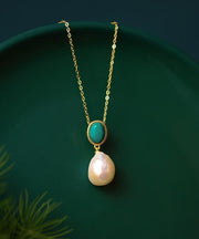 Bohemian Gold Sterling Silver Overgild Turquoise Pearl Pendant Necklace