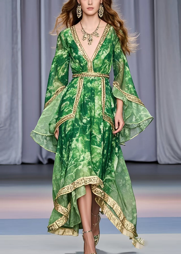 Bohemian Grass Green Asymmetrical Design Chiffon Holiday Dress Flare Sleeve