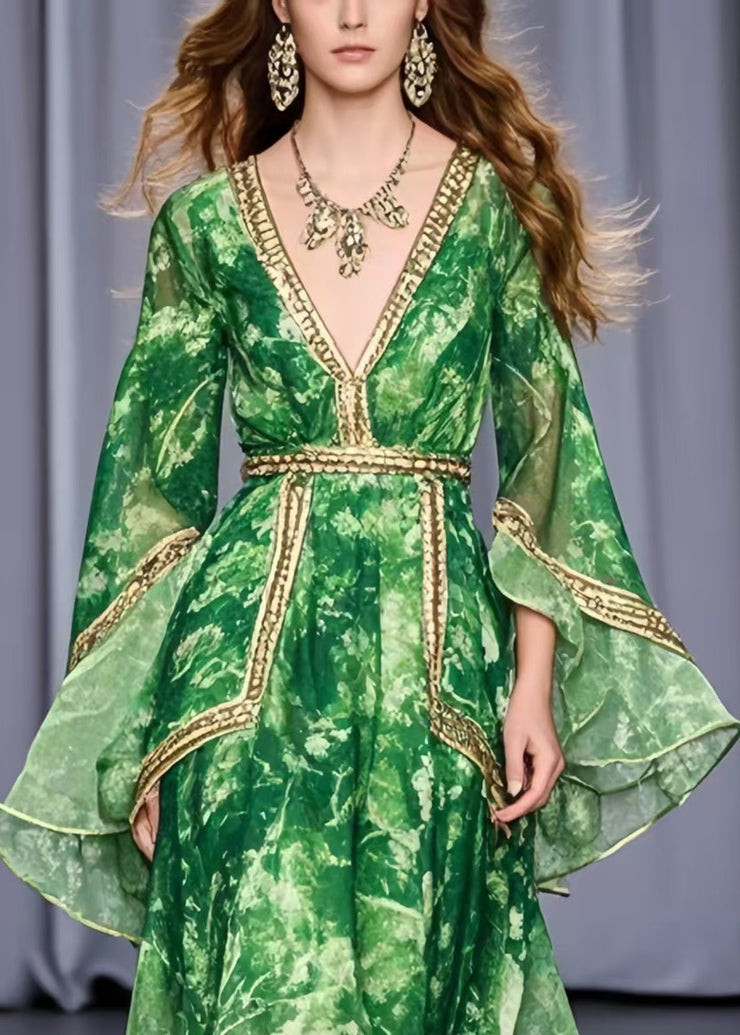 Bohemian Grass Green Asymmetrical Design Chiffon Holiday Dress Flare Sleeve