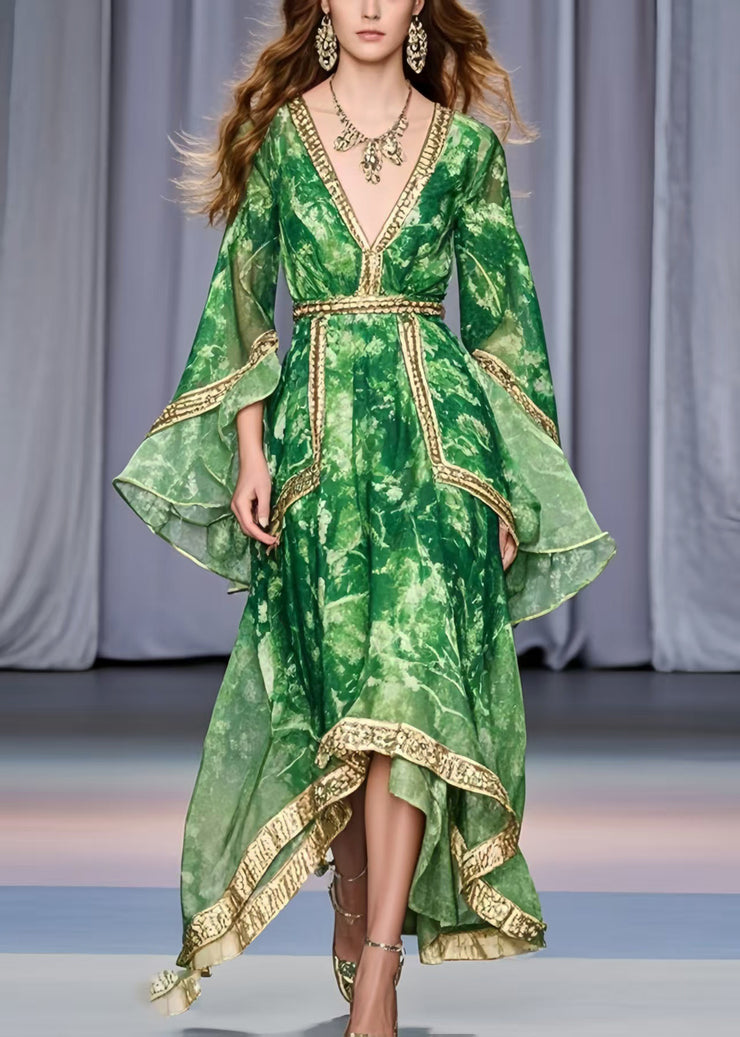 Bohemian Grass Green Asymmetrical Design Chiffon Holiday Dress Flare Sleeve