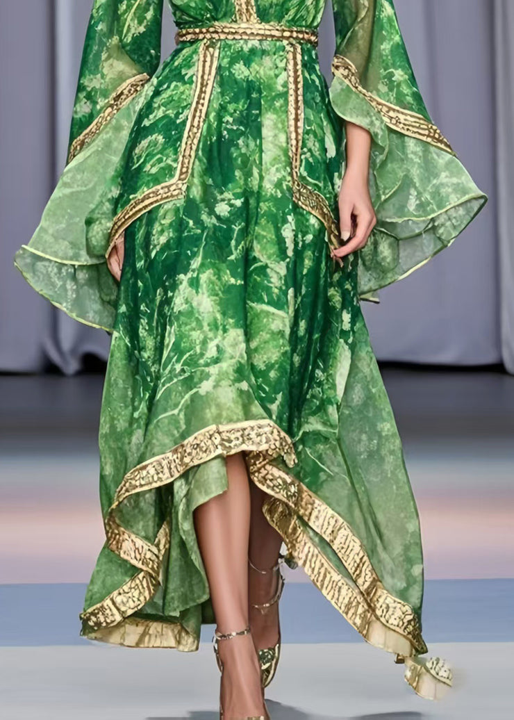 Bohemian Grass Green Asymmetrical Design Chiffon Holiday Dress Flare Sleeve