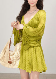 Bohemian Grass Green Backless Print Cotton Holiday Dress Fall