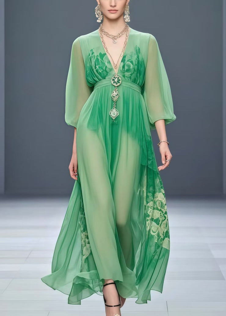 Bohemian Grass Green Cinched Print Chiffon Robe Dresses Spring