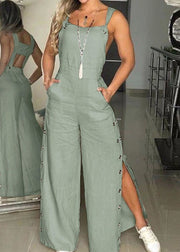 Bohemian Green Backless Patchwork Cotton Jumpsuits Sleeveless