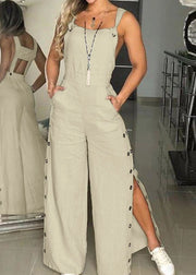 Bohemian Green Backless Patchwork Cotton Jumpsuits Sleeveless