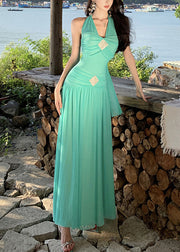 Bohemian Green Lace Up Cotton Long Dress Sleeveless