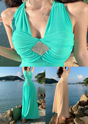 Bohemian Green Lace Up Cotton Long Dress Sleeveless