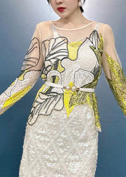 Bohemian Green O-Neck Print Sequins Thin Top Fall