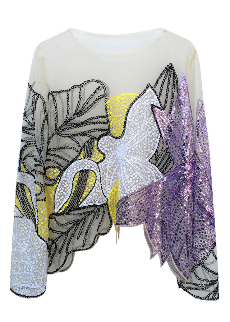 Bohemian Green O-Neck Print Sequins Thin Top Fall