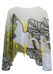 Bohemian Green O-Neck Print Sequins Thin Top Fall