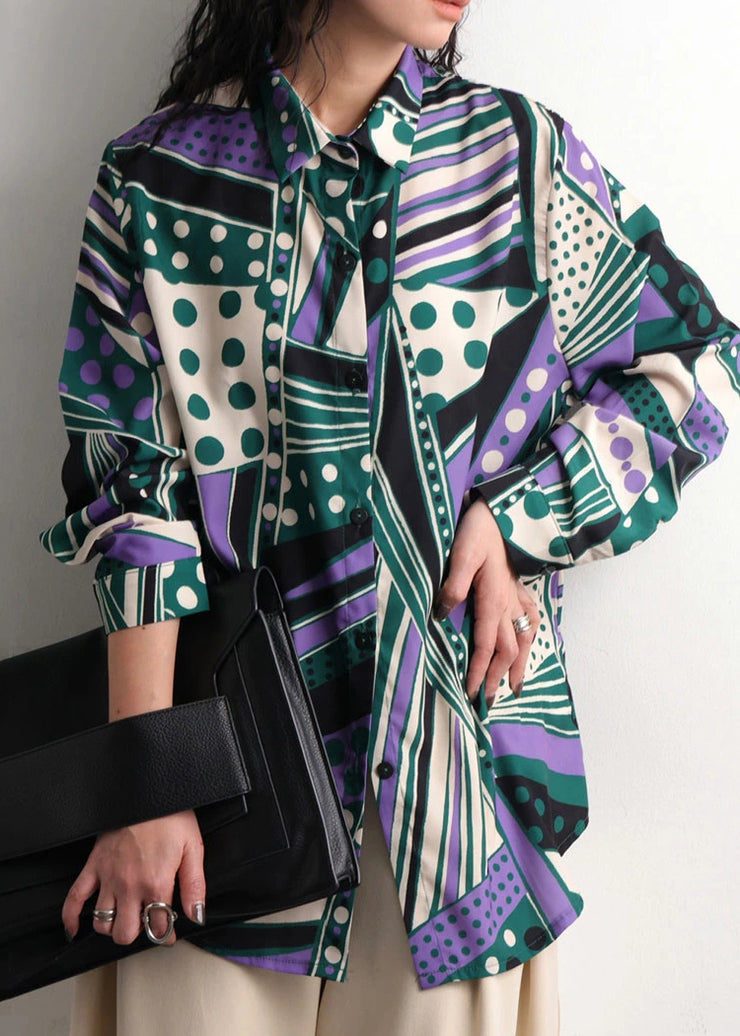 Bohemian Green Oversized Print Chiffon Shirt Top Fall