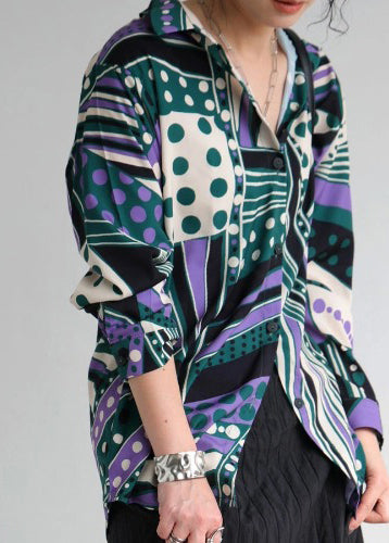 Bohemian Green Oversized Print Chiffon Shirt Top Fall