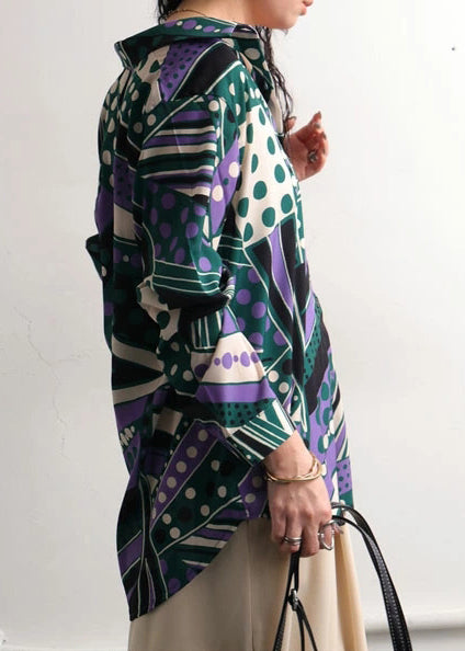 Bohemian Green Oversized Print Chiffon Shirt Top Fall