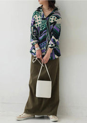 Bohemian Green Oversized Print Chiffon Shirt Top Fall
