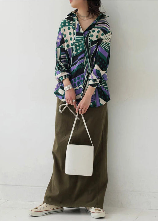 Bohemian Green Oversized Print Chiffon Shirt Top Fall