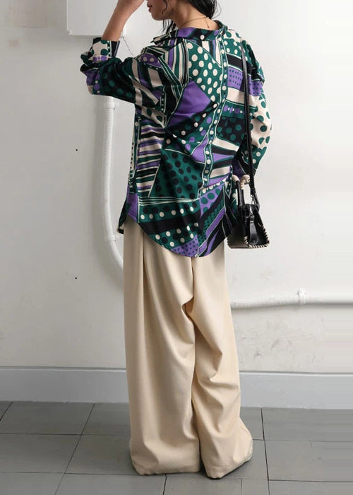 Bohemian Green Oversized Print Chiffon Shirt Top Fall