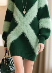 Bohemian Green Patchwork Faux Fur Knitwear Dress Winter