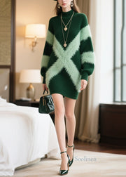 Bohemian Green Patchwork Faux Fur Knitwear Dress Winter