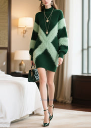 Bohemian Green Patchwork Faux Fur Knitwear Dress Winter