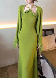 Bohemian Green Patchwork Halter Cotton Knit Cardigans And Maxi Dress Two Pieces Set Flare Sleeve