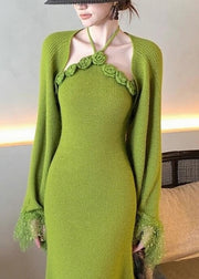Bohemian Green Patchwork Halter Cotton Knit Cardigans And Maxi Dress Two Pieces Set Flare Sleeve