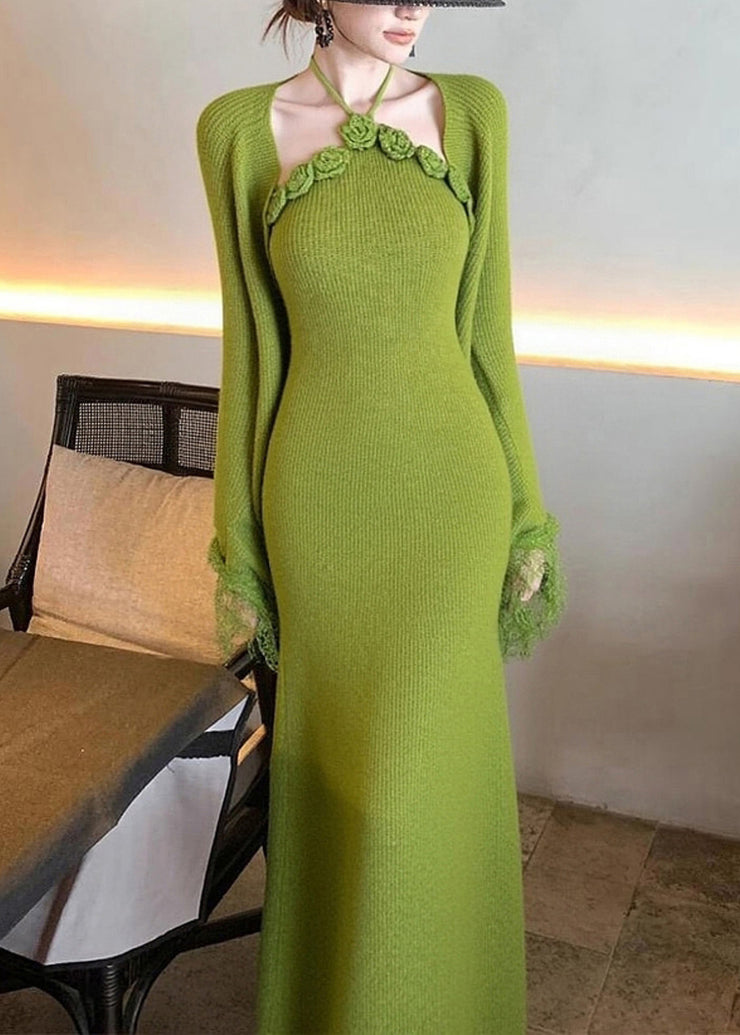 Bohemian Green Patchwork Halter Cotton Knit Cardigans And Maxi Dress Two Pieces Set Flare Sleeve