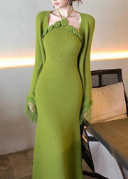 Bohemian Green Patchwork Halter Cotton Knit Cardigans And Maxi Dress Two Pieces Set Flare Sleeve