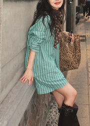 Bohemian Green Peter Pan Collar Striped Shirts And Shorts Two Pieces Set Summer