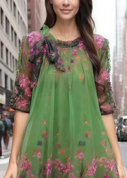 Bohemian Green Print Chiffon Vacation Dress Half Sleeve