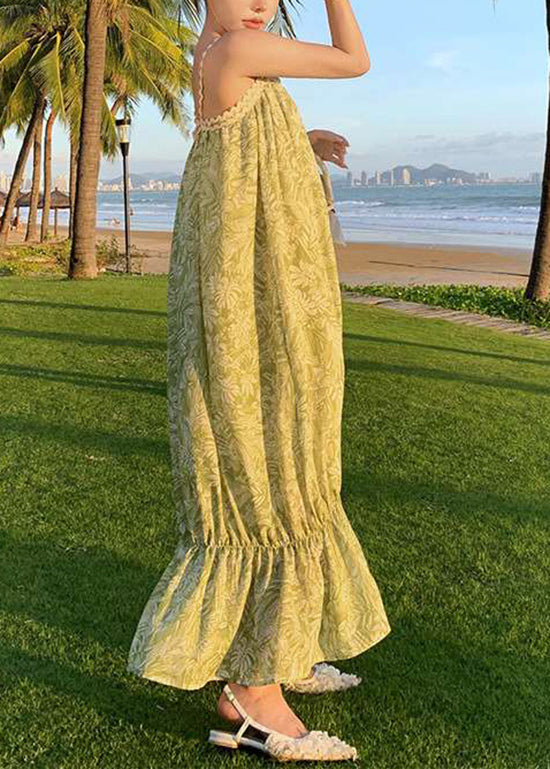 Bohemian Green Print Cotton Spaghetti Strap Dress Summer