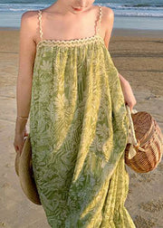 Bohemian Green Print Cotton Spaghetti Strap Dress Summer