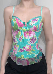 Bohemian Green Print Tulle Patchwork Spaghetti Strap Tank Sleeveless