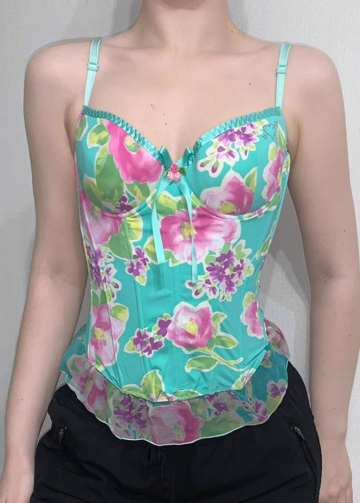 Bohemian Green Print Tulle Patchwork Spaghetti Strap Tank Sleeveless