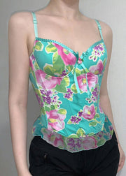 Bohemian Green Print Tulle Patchwork Spaghetti Strap Tank Sleeveless
