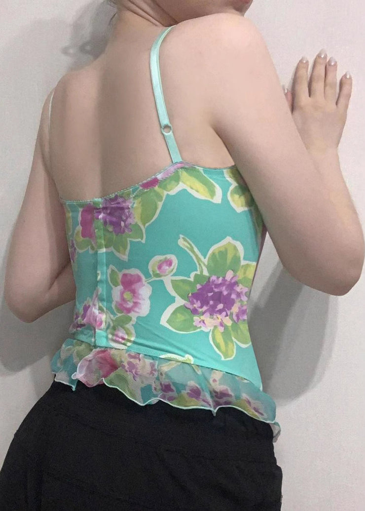 Bohemian Green Print Tulle Patchwork Spaghetti Strap Tank Sleeveless