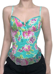Bohemian Green Print Tulle Patchwork Spaghetti Strap Tank Sleeveless