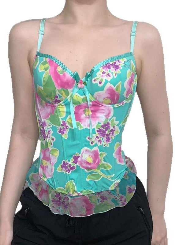 Bohemian Green Print Tulle Patchwork Spaghetti Strap Tank Sleeveless