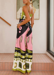 Bohemian Green Print Zippered Pockets Cotton Wide Leg Jumpsuit Sleeveless